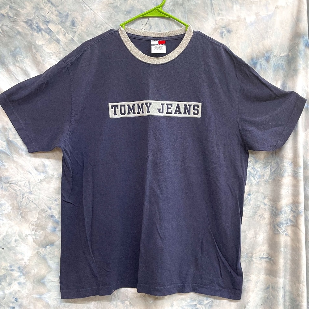 VTG Tommy Jeans Mens Tee Size L Navy Puffy Decal Tommy Hilfiger